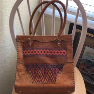 Leather and woven fabric shoulder bag